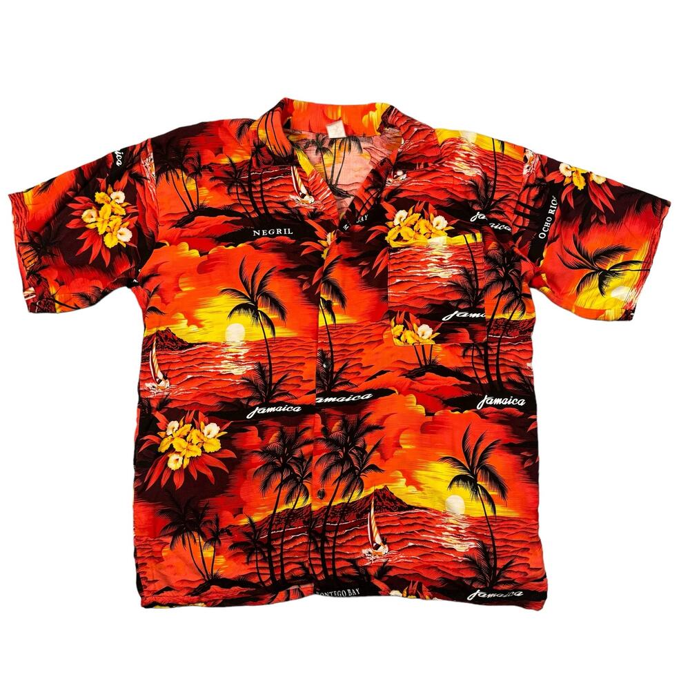 Button‎ Down Shirt Men's XL Hawaiian Short Sleeve Floral Sunset Red 90s Beach